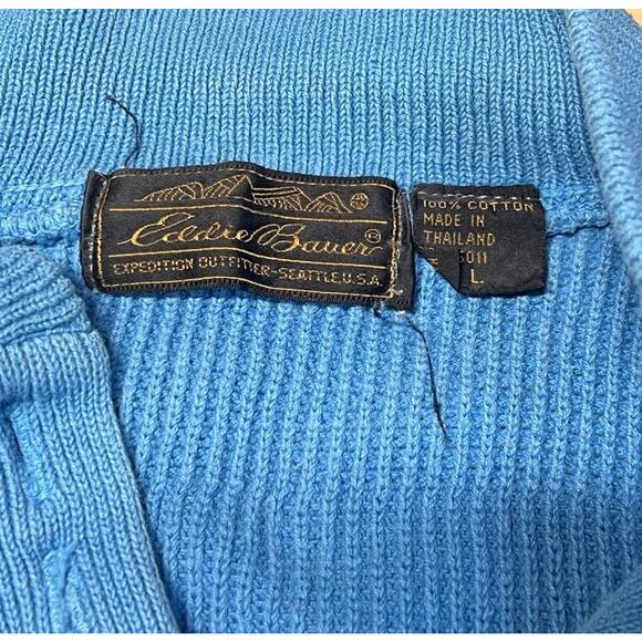 Vtg EDDIE BAUER Cotton Chunky Cable Knit Henley Sweater Sz L Blue Fisherman Cozy - Picture 4 of 9